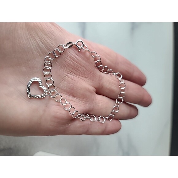 Italian 925 Sterling Hammered Silver Open Heart Charm Chain Bracelet Vintage - Picture 3 of 10
